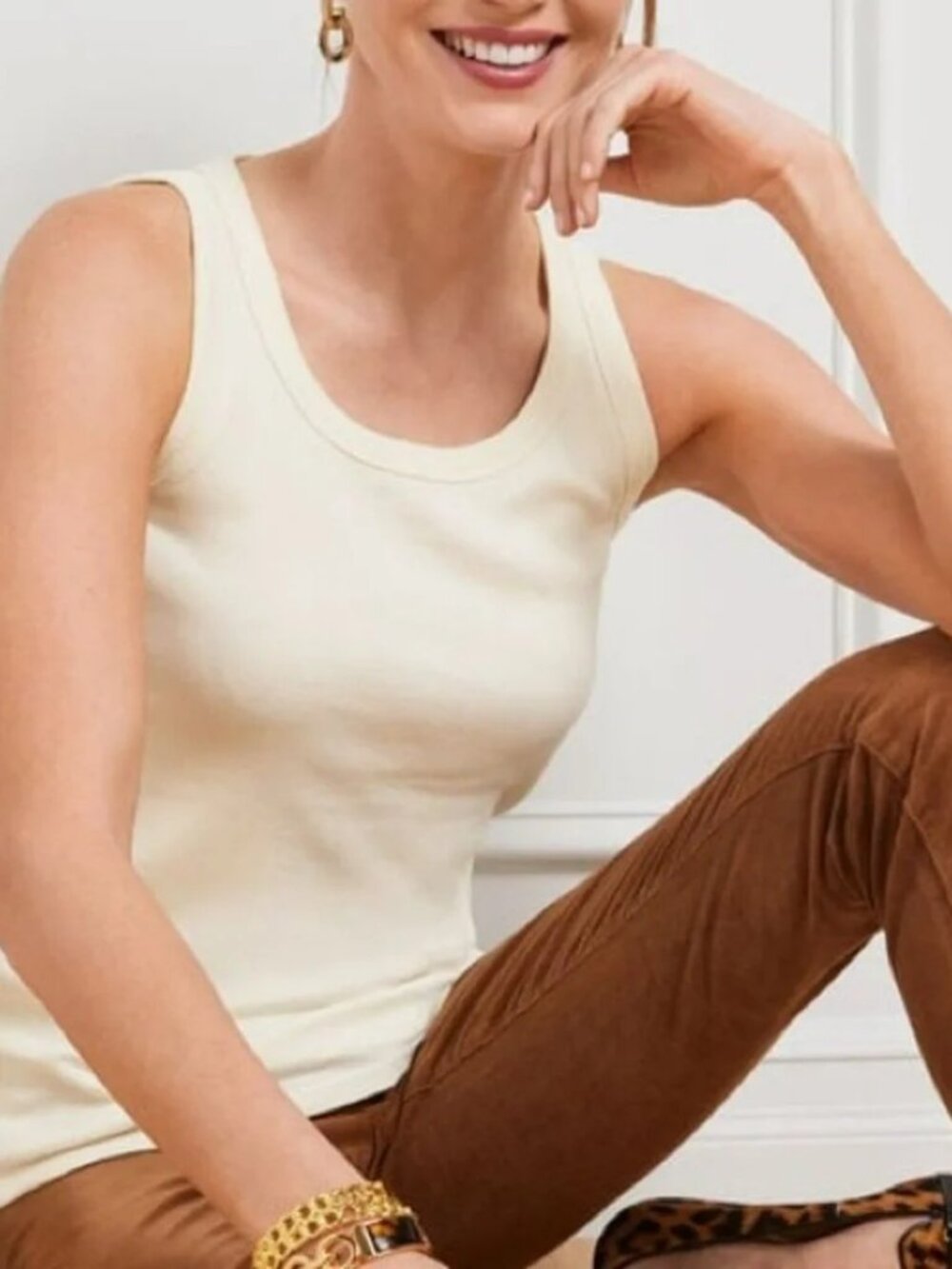 NWT Talbots Cotton Blend Ribbed Racerback Tank Top Ivory Misses Large